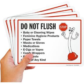 SmartSign 5 x 7" Do Not Flush - Baby Or Cleaning Wipes, Feminine Hygiene Products, Paper Towels Sticker Labels Pack of 4, 5 mil Laminated Polyester with SuperStick Adhesive, Red, Black and White