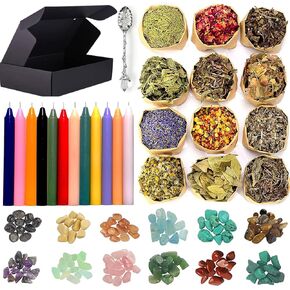 Witchcraft Supplies Kit for Spells,48 PCS Witch Box Include Dried Herbs, Crystal Jars, Colored Candles, Parchment. Wiccan Supplies and Tools, Beginner Witchcraft Kit Witch Stuff for Pagan, Rituals