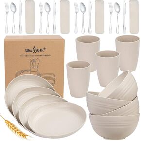 28PCS Kitchen Wheat Streaw Dinnerware Sets for 4, Wheat Straw Plates and Bowls Sets, College Dorm Dinnerware Dishes Set for 4 with Cutlery Set (Beige)