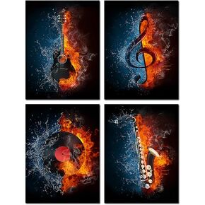 VVOVV Wall Decor - 4 Panel Music Canvas Painting Instrument Series Picture Prints Electric Guitar,Music Note,Saxophone and Turntable Wall Art (Music Wall Art)
