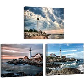 HOMEOART Lighthouse Painting Canvas Prints Ocean Landscape Coastal Beach View Modern Artwork Home Office Bedroom Bathroom Decor 12"x16"x3 Panels