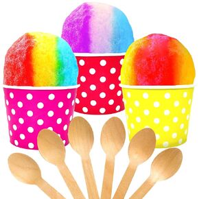 105 Piece Multi-Colored Snow Cone/Shaved Ice Kit - Includes 30 Polka Dot Cups (12oz - 10 Red, 10 Yellow, 10 Pink), 25 Candy Spoons, 50 Neon Straws