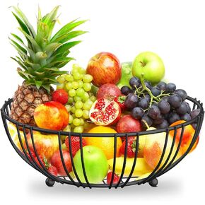 RICCLE Fruit Basket For Kitchen Counter - Fruit Basket With Banana Hanger - Double Layer Metal Wire Fruit Bowl For Kitchen Countertop - Fruit Holder For Produce, Vegetables, Kitchen