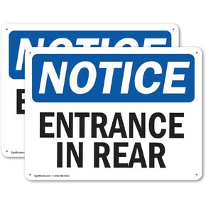 (2 Pack) Entrance In Rear OSHA Notice Sign 10 Inch X 7 Inch Plastic Sign, Weather Resistant, UV Protected for Workplace, Business, and Construction Site, Made in the USA