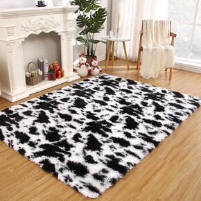 Zacoo Runner Rug 2x6 Shag Rug for Living Room Shaggy Rug Kids Rug Plush Rug Cow Printed Carpet Bedroom Fluffy Rug Bedside Rug Soft Rug Non Skid Rug Modern Area Rug for Nursery Dorm, Black/White 2'x6'