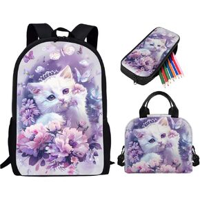 Cat School Bookbag for Girls, 3PCS Lightweight Kids Book Bag with Lunch Box Cute Pencil Case, Large Girls Backpack for School Elementary Middle High School Backpack, Purple in Kuwait