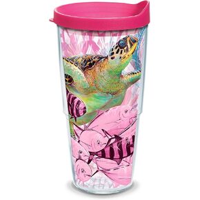 كوب سفر Tervis Guy Harvey مصنوع في الولايات المتحدة الأمريكية بجدار مزدوج معزول يحافظ على المشروبات باردة وساخنة، 24oz - كلاسيكي، سلاحف للتوعية بسرطان الثدي