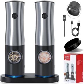 Electric Salt and Pepper Grinder Set of 2 -𝐔𝐩𝐠𝐫𝐚𝐝𝐞𝐝 USB Rechargeable Stainless Automatic Grinder with Charging Base, Adjustable Coarseness Electric Pepper Mill with Light, Bottom Cap, in Saudi Arabia