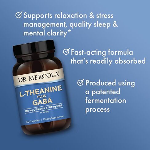 Dr. Mercola L-Theanine plus GABA, 30 Servings (60 Capsules), 200 mg L-Theanine and 100 mg GABA Per Serving, Dietary Supplement, Support Sleep and Mental Focus, Non-GMO in Saudi Arabia