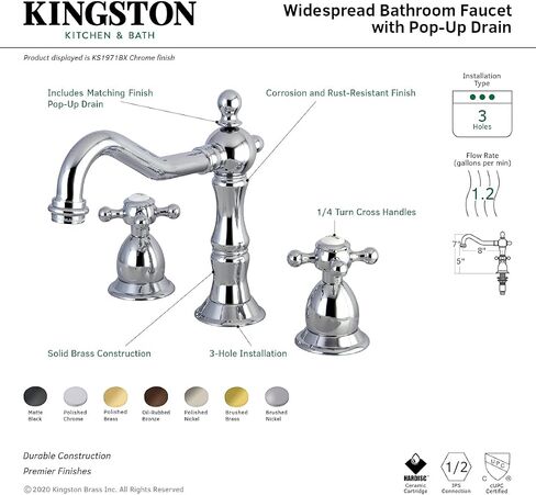 Kingston Brass KS1976BX Heritage Widespread Bathroom Faucet, Polished Nickel, 7.56 x 7.44 x 2.44 in Saudi Arabia