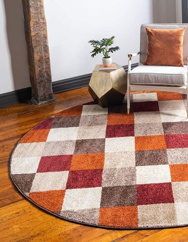 Unique Loom Autumn Collection Modern Contemporary Casual Abstract Area Rug (Multi/ Beige Checkered, 8 ft 0 x 8 ft 0 Round) in Saudi Arabia