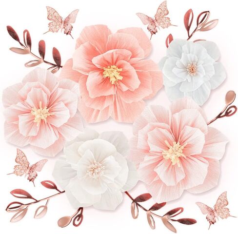 LOLPI Paper Flowers Set,Reusable Foldable DIY Wall Flowers with Artificial Leaf and Butterfly Decorations for Wedding and Event Party (Pink White) in Saudi Arabia