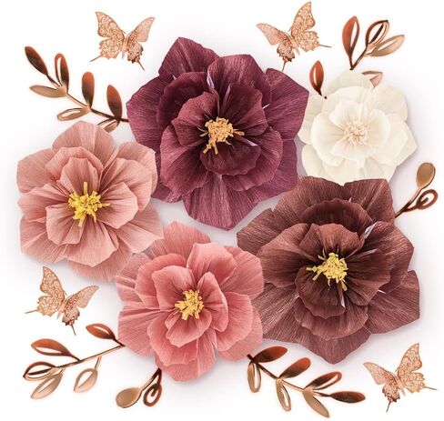 LOLPI Paper Flowers Set,Reusable Foldable DIY Wall Flowers with Artificial Leaf and Butterfly Decorations for Wedding and Event Party (Pink White) in Saudi Arabia
