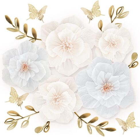 LOLPI Paper Flowers Set,Reusable Foldable DIY Wall Flowers with Artificial Leaf and Butterfly Decorations for Wedding and Event Party (Pink White) in Saudi Arabia