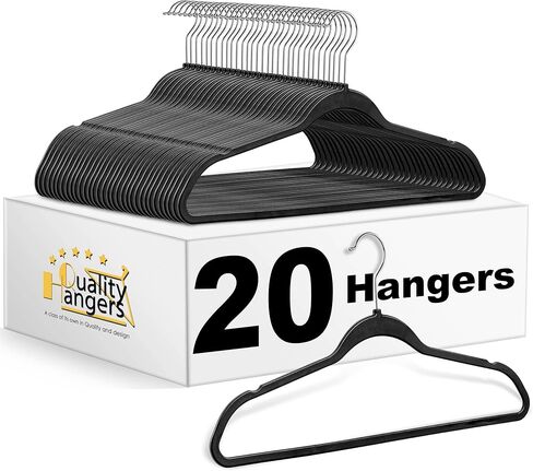 Quality Hangers 50 Pack Slim Plastic Hangers for Clothes - Heavy Duty Non-Velvet Black Hangers with 360° Swivel Chrome Hook & Non Slip Notches - Ideal for Dresses Coats Shirts Jackets & More - Black in Kuwait