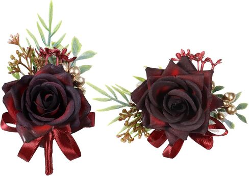 Wrist Corsage and Boutonniere Set, Wine Red Rose Boutonniere Wrist Corsage for Bridal Bridesmaid Men Wedding Party Prom Suit Decorations (Wine Red Corsage & Boutonniere Set) in Saudi Arabia