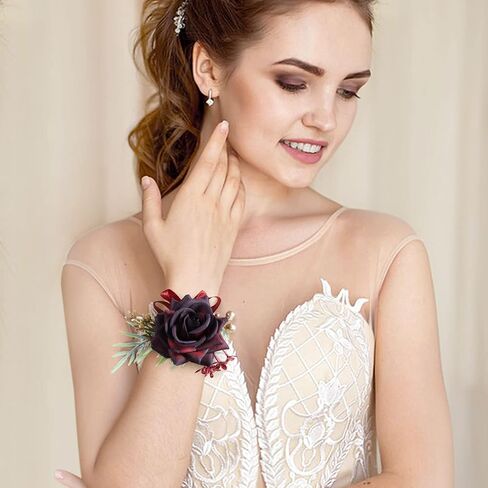 Wrist Corsage and Boutonniere Set, Wine Red Rose Boutonniere Wrist Corsage for Bridal Bridesmaid Men Wedding Party Prom Suit Decorations (Wine Red Corsage & Boutonniere Set) in Saudi Arabia