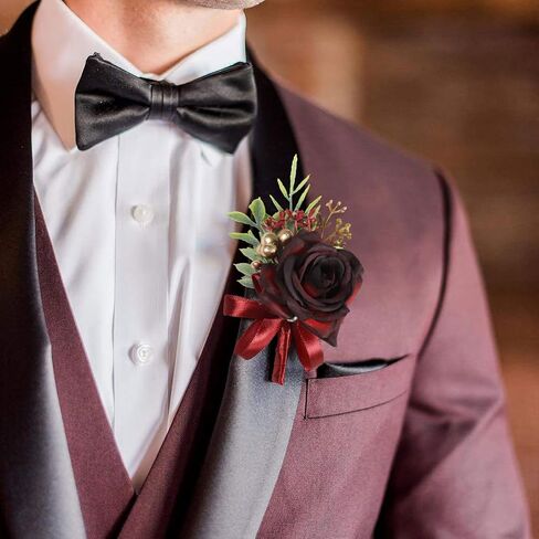 Wrist Corsage and Boutonniere Set, Wine Red Rose Boutonniere Wrist Corsage for Bridal Bridesmaid Men Wedding Party Prom Suit Decorations (Wine Red Corsage & Boutonniere Set) in Saudi Arabia