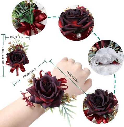 Wrist Corsage and Boutonniere Set, Wine Red Rose Boutonniere Wrist Corsage for Bridal Bridesmaid Men Wedding Party Prom Suit Decorations (Wine Red Corsage & Boutonniere Set) in Saudi Arabia