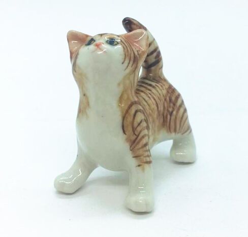 Tiny 1⅝" Long Standing Look Up Tabby Orange Brown Cat Figurine - Miniature Hand Made Painted Ceramic Striped Shorthair Ginger Kitten Animal Porcelain Decorative Collectible Figurines Décor in Saudi Arabia