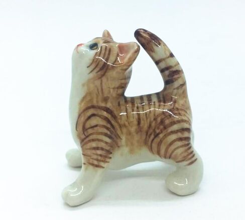 Tiny 1⅝" Long Standing Look Up Tabby Orange Brown Cat Figurine - Miniature Hand Made Painted Ceramic Striped Shorthair Ginger Kitten Animal Porcelain Decorative Collectible Figurines Décor in Saudi Arabia