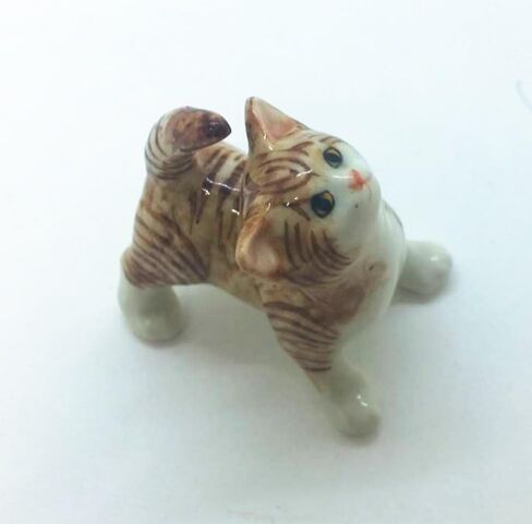 Tiny 1⅝" Long Standing Look Up Tabby Orange Brown Cat Figurine - Miniature Hand Made Painted Ceramic Striped Shorthair Ginger Kitten Animal Porcelain Decorative Collectible Figurines Décor in Saudi Arabia