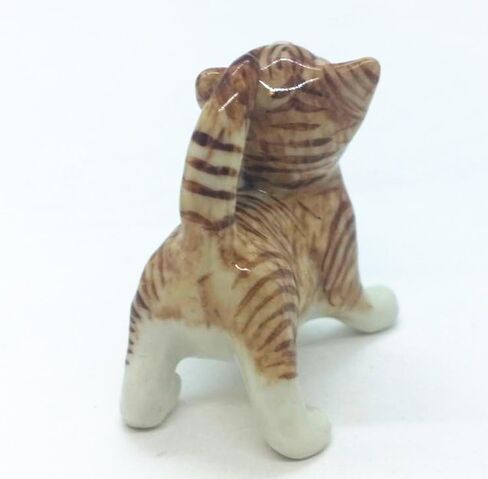 Tiny 1⅝" Long Standing Look Up Tabby Orange Brown Cat Figurine - Miniature Hand Made Painted Ceramic Striped Shorthair Ginger Kitten Animal Porcelain Decorative Collectible Figurines Décor in Saudi Arabia