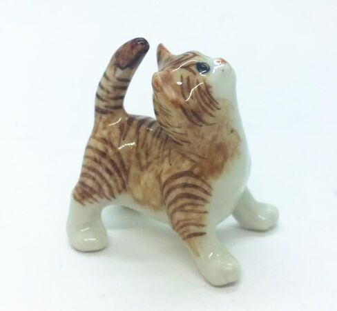Tiny 1⅝" Long Standing Look Up Tabby Orange Brown Cat Figurine - Miniature Hand Made Painted Ceramic Striped Shorthair Ginger Kitten Animal Porcelain Decorative Collectible Figurines Décor in Saudi Arabia