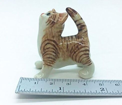 Tiny 1⅝" Long Standing Look Up Tabby Orange Brown Cat Figurine - Miniature Hand Made Painted Ceramic Striped Shorthair Ginger Kitten Animal Porcelain Decorative Collectible Figurines Décor in Saudi Arabia