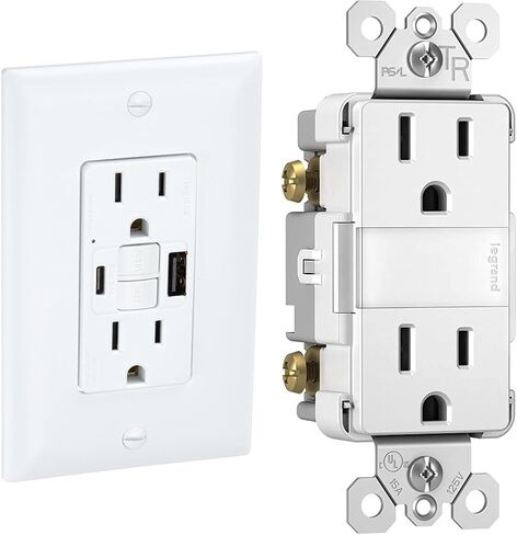 Legrand radiant 1597TRUSBACW 15 Amp GFCI Self Test Tamper Resistant Decorator Duplex Outlet with USB Type A and C, White (1 Count) in Saudi Arabia