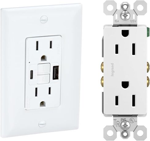 Legrand radiant 1597TRUSBACW 15 Amp GFCI Self Test Tamper Resistant Decorator Duplex Outlet with USB Type A and C, White (1 Count) in Saudi Arabia