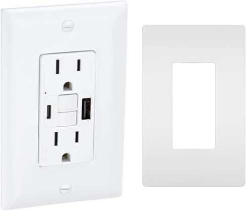 Legrand radiant 1597TRUSBACW 15 Amp GFCI Self Test Tamper Resistant Decorator Duplex Outlet with USB Type A and C, White (1 Count) in Saudi Arabia