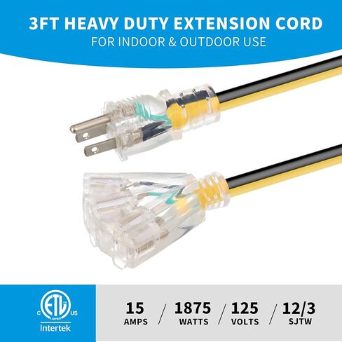 12 Gauge 3 ft Lighted Extension Cord with 3 Outlets - 12/3 SJTW Outdoor/Indoor Heavy Duty, 3 Prong Plug, Yellow/Black Weather Resistant Jacket, Applicable to Major Tools and Appliances in Saudi Arabia