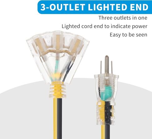 12 Gauge 3 ft Lighted Extension Cord with 3 Outlets - 12/3 SJTW Outdoor/Indoor Heavy Duty, 3 Prong Plug, Yellow/Black Weather Resistant Jacket, Applicable to Major Tools and Appliances in Saudi Arabia