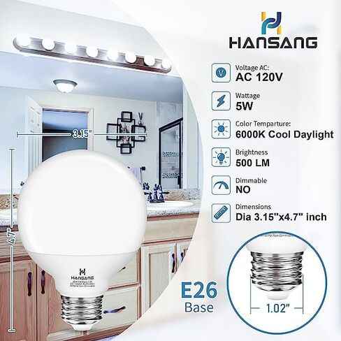 hansang G25 LED Globe Light Bulbs 3000K Warm White, Vanity Light Bulb 60W Incandescent Equivalent, E26 Standard Base, 5W Decorative Round Light Bulb for Vanity Mirror, 500LM, Non-Dimmable, 4 Pack in Saudi Arabia