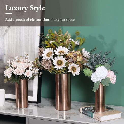 MyGift Tall Modern Copper Tone Metal Cylinder Wedding Centerpiece Flower Vases, 3 Piece Set, Larger Assorted Sizes - Made in India in Saudi Arabia