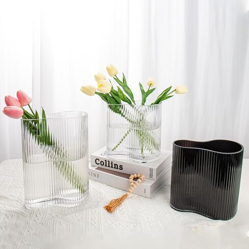 مزهريات زجاجية مضلعة للزهور، مزهريات زهور سوداء للقطع المركزية، مزهرية زجاجية مستطيلة مقاس 7.3 بوصة، مزهرية طاولة مزخرفة لغرفة المعيشة، وطاولة الطعام، والمدخل، والوشاح، والرف، والزفاف in Kuwait