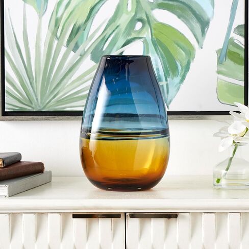 Deco 79 Glass Handmade Decorative Vase Ombre Centerpiece Vase with Yellow Base, Flower Vase for Home Decoration 8" x 6" x 12", Blue in Saudi Arabia