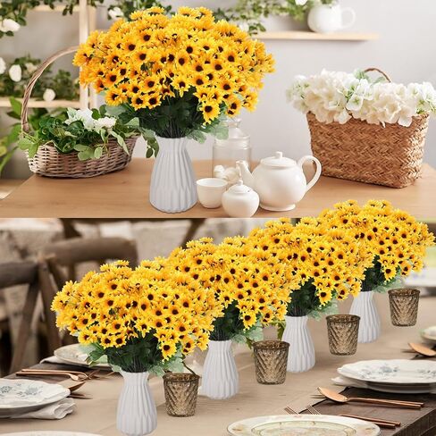 Hotop 24 Bundles Artificial Sunflower Flowers 12 in Bulk Fake Mum Flowers with 22 Small Daisy No Fade Faux Silk Fall Flowers for Autumn Indoor Outdoor Home DIY Table Centerpieces Wedding Decor in Saudi Arabia