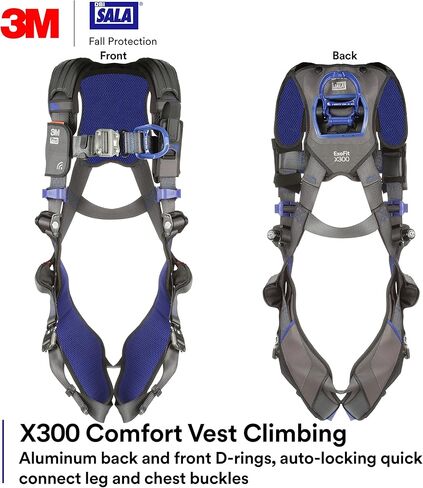 3M 1113037 DBI-SALA ExoFit X300 Comfort Vest Climbing Harness Fall Protection, General Industry, Aluminum Back and Front D-Ring, Auto-Locking Quick Connect Leg and Chest Straps, Large in Saudi Arabia