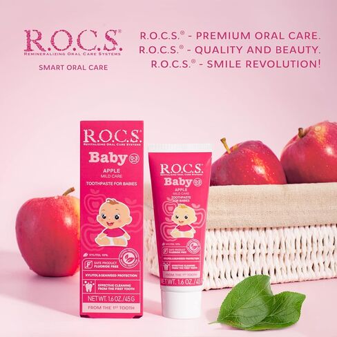 R.O.C.S. معجون أسنان للأطفال - تركيبة واقية ناعمة للأسنان واللثة - للرضع والأطفال الصغار من عمر 0 ​​إلى 3 سنوات - آمن للبلع - طبيعي، بدون فلورايد أو كبريتات (التفاح، عبوة من قطعة واحدة) in Kuwait