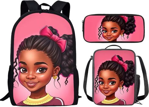 African Girl Bookbags and Lunch Box,American Black Girls School Backpack Kindergarten Preschool Elementary Bookbag for 2Nd/3Rd/4Th/5Th 6Th Grade in Saudi Arabia