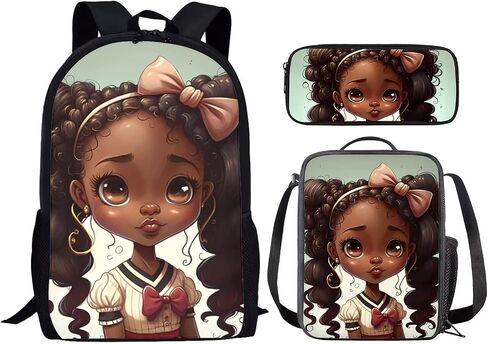 African Girl Bookbags and Lunch Box,American Black Girls School Backpack Kindergarten Preschool Elementary Bookbag for 2Nd/3Rd/4Th/5Th 6Th Grade in Saudi Arabia