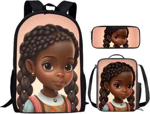 African Girl Bookbags and Lunch Box,American Black Girls School Backpack Kindergarten Preschool Elementary Bookbag for 2Nd/3Rd/4Th/5Th 6Th Grade in Saudi Arabia