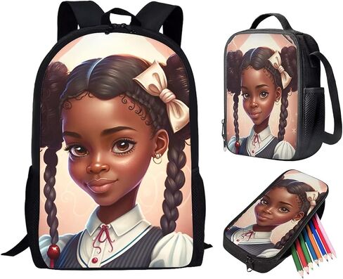 African Girl Bookbags and Lunch Box,American Black Girls School Backpack Kindergarten Preschool Elementary Bookbag for 2Nd/3Rd/4Th/5Th 6Th Grade in Saudi Arabia