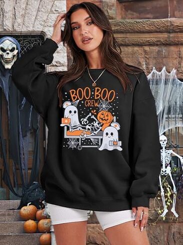 KIDDAD Halloween Nurse Sweatshirt Women Boo Boo Crew Shirts Funny Nurse Ghost Graphic Pullover Tops Spooky Long Sleeve Top in Saudi Arabia