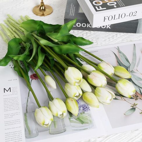 15pcs White Tulips Artificial Flowers Real Touch Tulips Faux Flowers Fake White Tulips for Home Tabl Wedding Decorations Party Baby Shower Centerpieces Bridal Bouquet Decor(White) in Saudi Arabia
