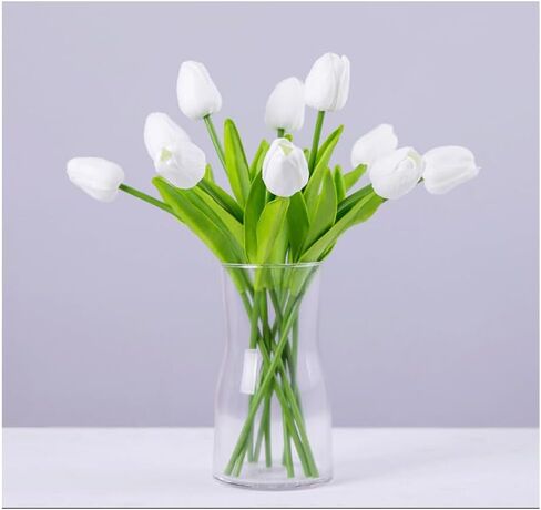 18 Pcs White Artificial Tulip Flowers Fake Tulips PU 13.5"" Real Touch Faux Flowers Bouquet for Room Office Table Party Home Kitchen Wedding Decorations in Saudi Arabia