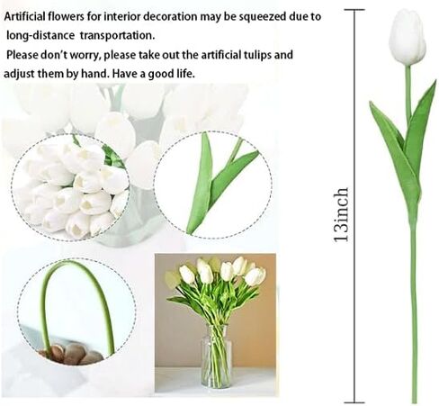 18 Pcs White Artificial Tulip Flowers Fake Tulips PU 13.5"" Real Touch Faux Flowers Bouquet for Room Office Table Party Home Kitchen Wedding Decorations in Saudi Arabia