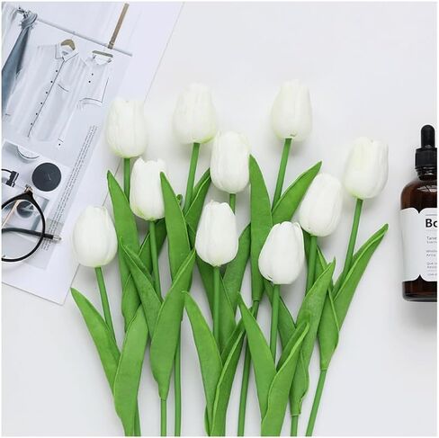 18 Pcs White Artificial Tulip Flowers Fake Tulips PU 13.5"" Real Touch Faux Flowers Bouquet for Room Office Table Party Home Kitchen Wedding Decorations in Saudi Arabia